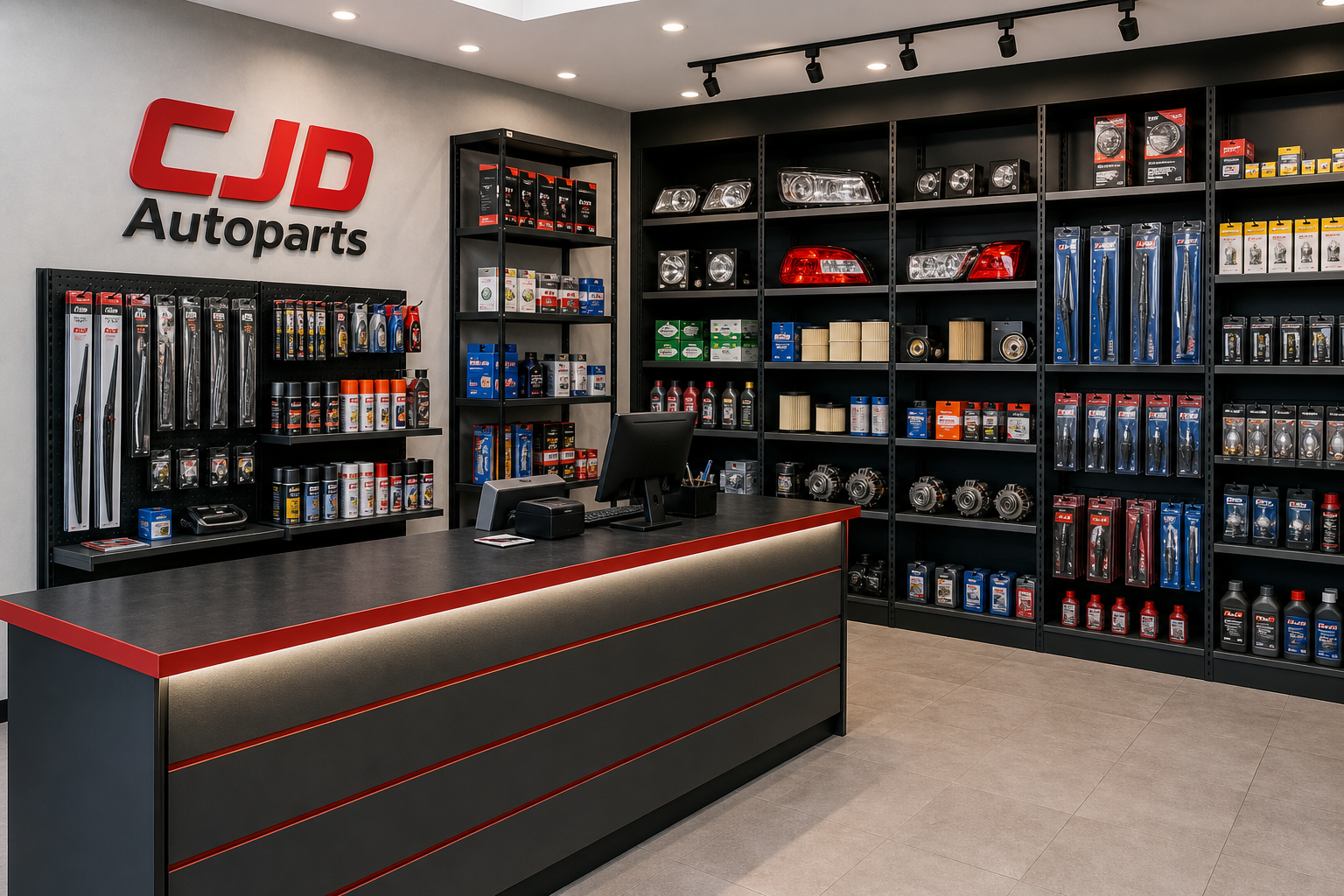 CJD Autoparts shop interior with organized shelves